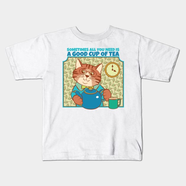 All You Need is Tea Cat Kids T-Shirt by Sue Cervenka